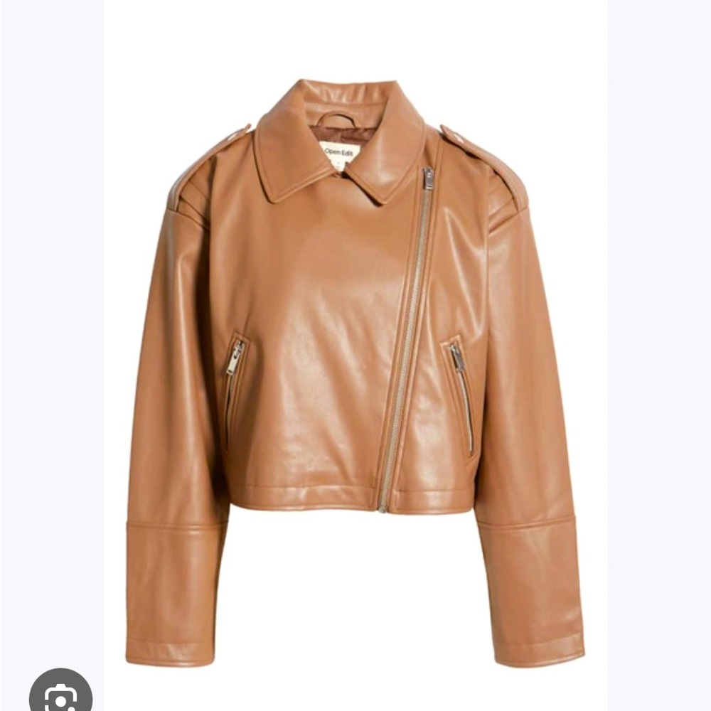Open edit boxy faux leather moto crop in pinecone, sz M